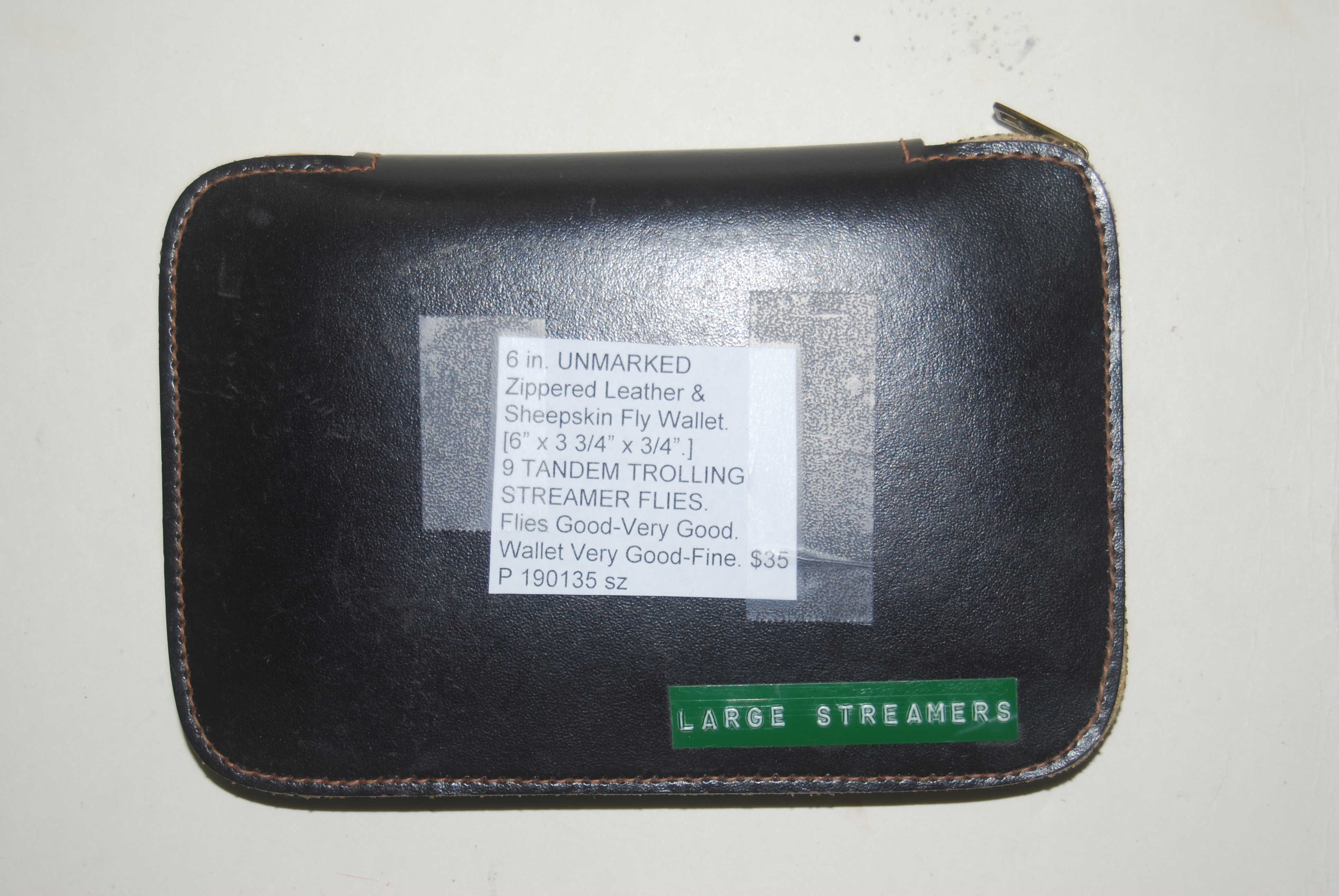 6 in. UNMARKED Zippered Leather & Sheepskin Fly Wallet. [6” x 3 3/4” x